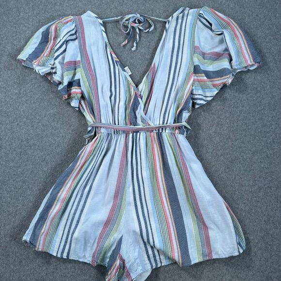 Altar'd State Stripe Romper Flutter Sleeve Size Small Belted V-Neck Blue Pink - Picture 10 of 11